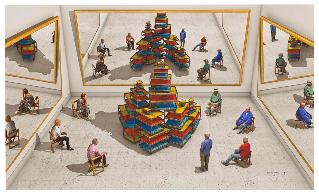 David Hockney - Viewers Looking at a Ready-made with Skull and Mirrors