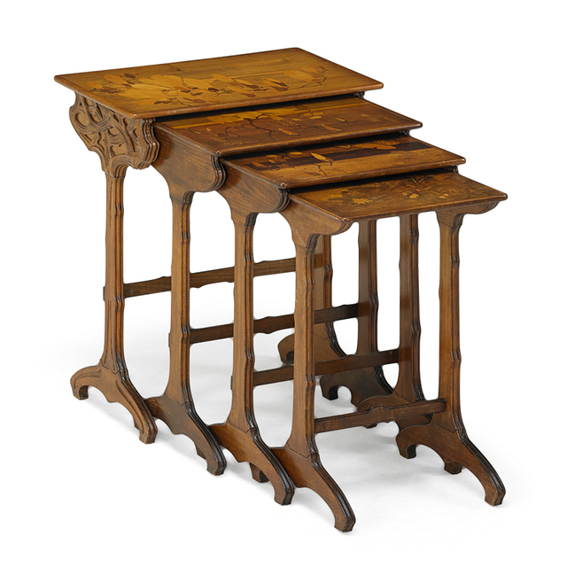 Galle, ‘Four Marquetry Nesting Tables, France’, ca. 1900, Design/Decorative Art, Beech Mixed Wood Inlay, Rago/Wright