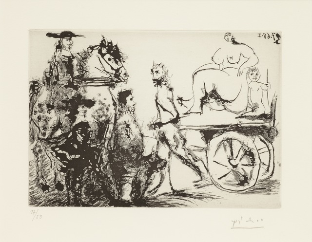 Pablo Picasso, ‘Don Quichotte, Sancho et un ‘Mousquetaire’ Regardant Passer Dulcinée sur une Charrette Tirée Par un Homme Masqué, 3.7.68 I’, 1968, Print, Sugar-liftaquatint on vélin de Rives paper, Cristea Roberts Gallery