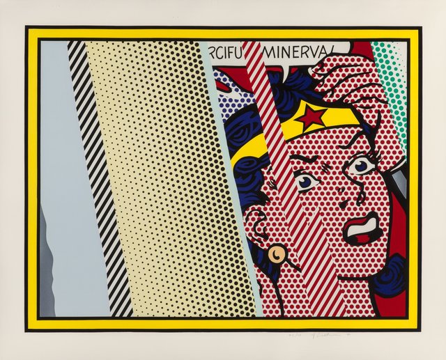 Roy Lichtenstein, ‘Reflections on Minerva’, 1990, Mixed Media, Lithograph, screenprint and relief print in colors, with metalized PVC collage and embossing on Somerset paper, Heritage Auctions
