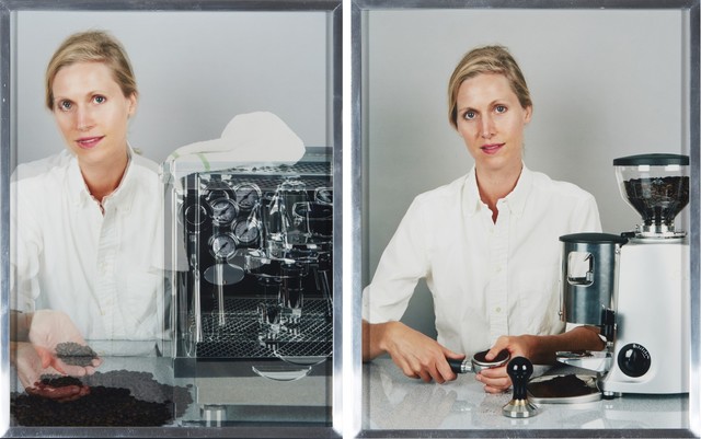 Elad Lassry, ‘WOMAN, ESPRESSO MACHINE; WOMAN, ESPRESSO GRINDER (TWO WORKS)’, 2011, Photography, C-print in artist's aluminium frame, Andrea Festa Fine Art