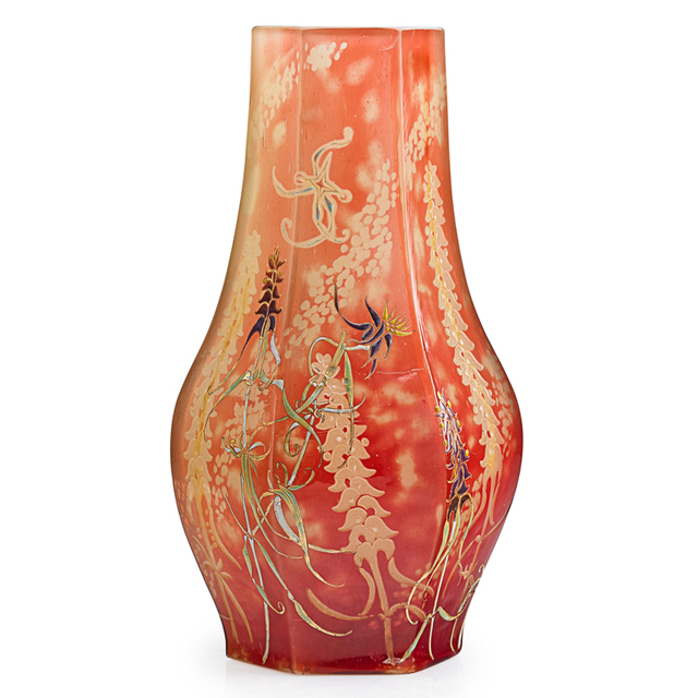 Galle, ‘Fine And Tall Verrerie Parlante Vase With Stars And Columbines, "Le phare de toute heure…L'étoile du matin et l'étoile du soir - Victor Hugo," France’, ca. 1900, Design/Decorative Art, Acid-Etched, Enameled, And Fire-Polished, Internally Decorated Glass, Foil Inclusions, Partial Martelle Surface, Rago/Wright