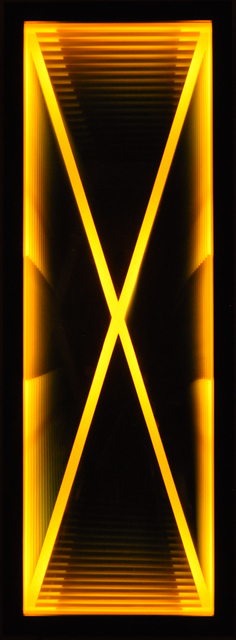Kenneth Emig, ‘Velocity - Illuminated amber yellow X, reflective light wall art’, 2021, Sculpture, Light, glass, mirror, wood, theatrical paint, Oeno Gallery