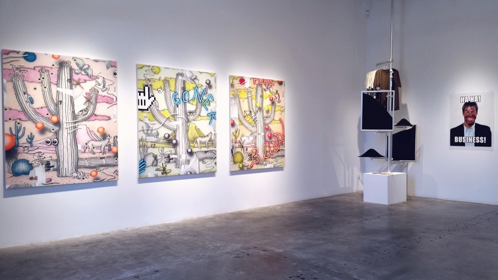 Josh Reames paintings and Joe Scanlan sculpture and collaged photos. Installation view Ha Ha! Business! Josh Reames paintings and Joe Scanlan sculpture and collaged photos. Installation view Ha Ha! Business!
