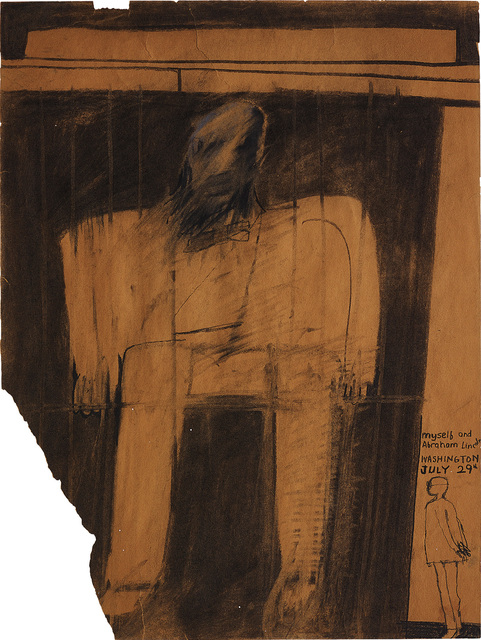 David Hockney, ‘Myself and Abraham Lincoln’, 1961, Drawing, Collage or other Work on Paper, Charcoal and chalk on paper, Phillips