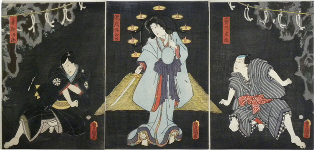 Utagawa Toyokuni III (Utagawa Kunisada), ‘Actor Onoe Kikugoro IV as Takiyasha hime, Actor Nakamura Fukusuke I as Yoshitomo Jiro, and unidentified actor as Toroku Sakon’, 1859, Scholten Japanese Art