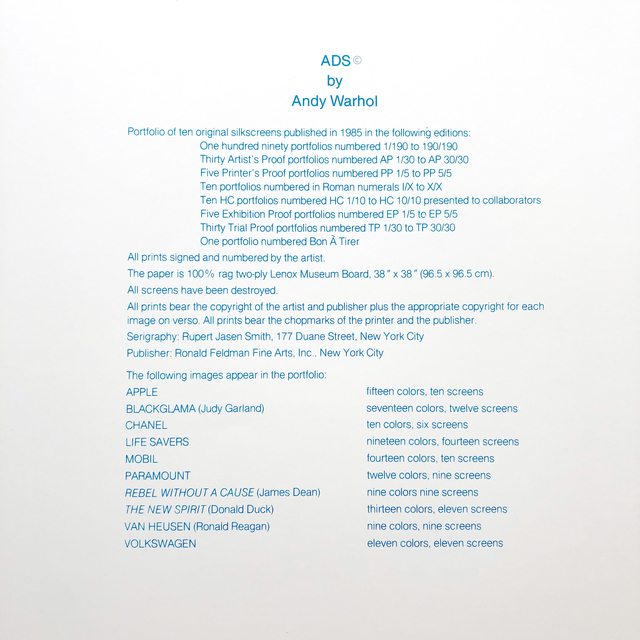 Andy Warhol, ‘Ads Portfolio (F&S 350-359) colophon page ’, 1985, Joseph K. Levene Fine Art, Ltd.
