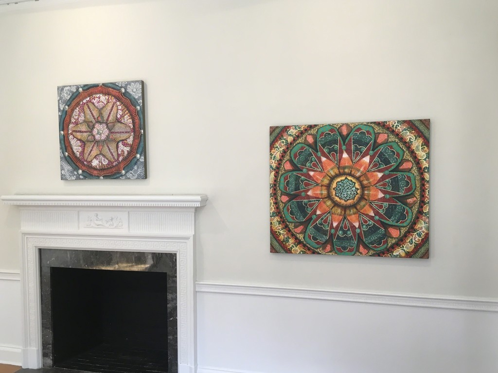 On the left: Synthetica, Oil on Canvas, 30x30 by Amy Cheng.
On the right: AbOvo, oil on Canvas, 36x42 by Amy Cheng
On view in Flora Fantastica! at Wave Hill from July 16-August 27, 2017.
"I align myself with the long traditions of geometric and floral ornamentation that the Far East, the Middle East, the Byzantine and the Baroque have long employed. " Amy Cheng On the left: Synthetica, Oil on Canvas, 30x30 by Amy Cheng.
On the right: AbOvo, oil on Canvas, 36x42 by Amy Cheng
On view in Flora Fantastica! at Wave Hill from July 16-August 27, 2017.
"I align myself with the long traditions of geometric and floral ornamentation that the Far East, the Middle East, the Byzantine and the Baroque have long employed. " Amy Cheng
