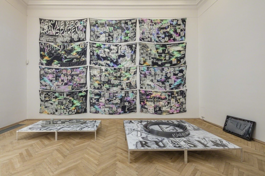 Metahaven, "Black Transparency", 2014. Silk scarves, objects, video (14:00 min). Installation view from 'Whistleblowers & Vigilantes', Kunsthal Charlottenborg, 2017. Photo by Anders Sune Berg. Metahaven, "Black Transparency", 2014. Silk scarves, objects, video (14:00 min). Installation view from 'Whistleblowers & Vigilantes', Kunsthal Charlottenborg, 2017. Photo by Anders Sune Berg.