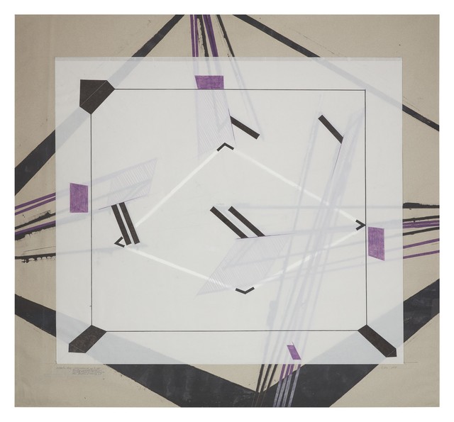 Barry Le Va, ‘Installation Study - Corner Sections (of One 4-Sided Boundary) Separately Projected (and Partially Blocked and Omitted) From Four Positions of Viewing #8’, 1978, Drawing, Collage or other Work on Paper, Enamel, wax crayon, felt-tip pen and transfer paper collage on paper, David Nolan Gallery