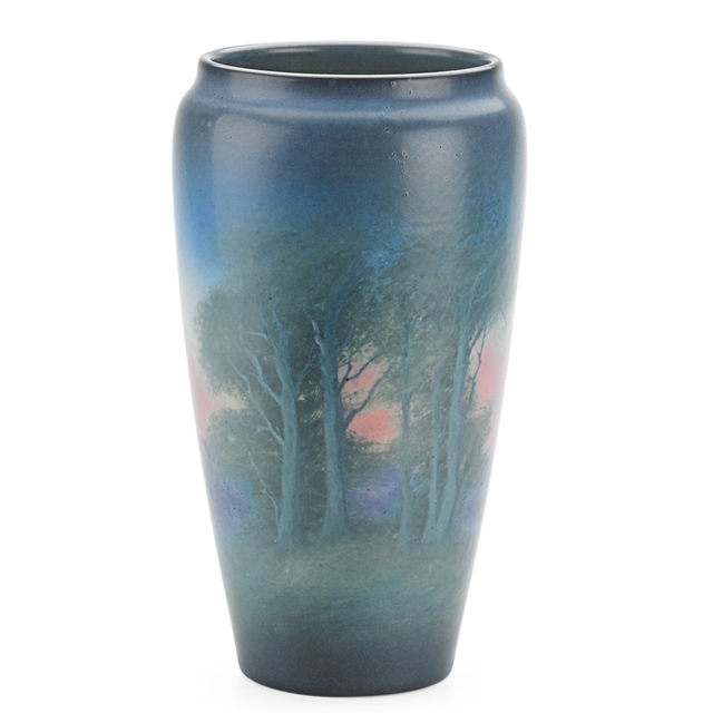 Edward T. Hurley, ‘Rookwood, Tall Scenic Vellum Vase With Lake And Mountains (Uncrazed), Cincinnati, OH’, 1925, Rago/Wright