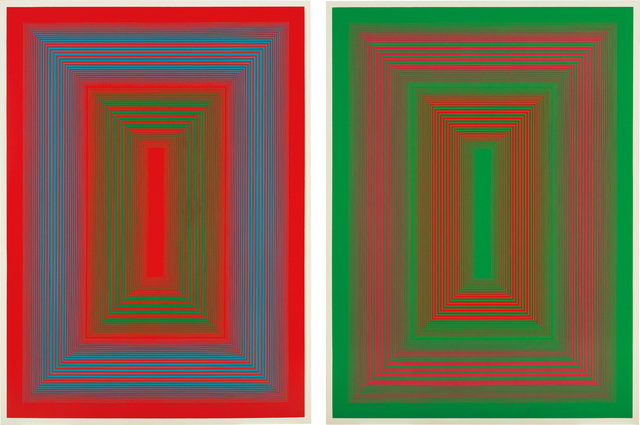 Richard Anuszkiewicz, ‘Reflections II - Red Line; and Reflections II - Green Line’, 1979, Print, Two monumental screenprints in colors with hand-painting, on Masonite, the full sheets., Phillips