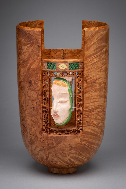 Al Sils, ‘Il Serraglio’, 2017, Sculpture, Big leaf maple burl, sculpted ceramic faces, snakeskin, copper, silver, brass, and pearl, Beatrice Wood Center for the Arts