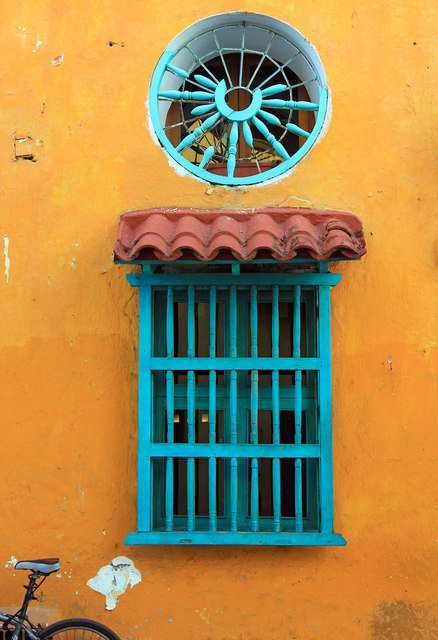 Larry Garmezy, ‘Wheels, Cartagena - Caribbean city landscape, caribbean cityscape, bicycle, in colorful yellow and turquoise’, 2017, Archway Gallery