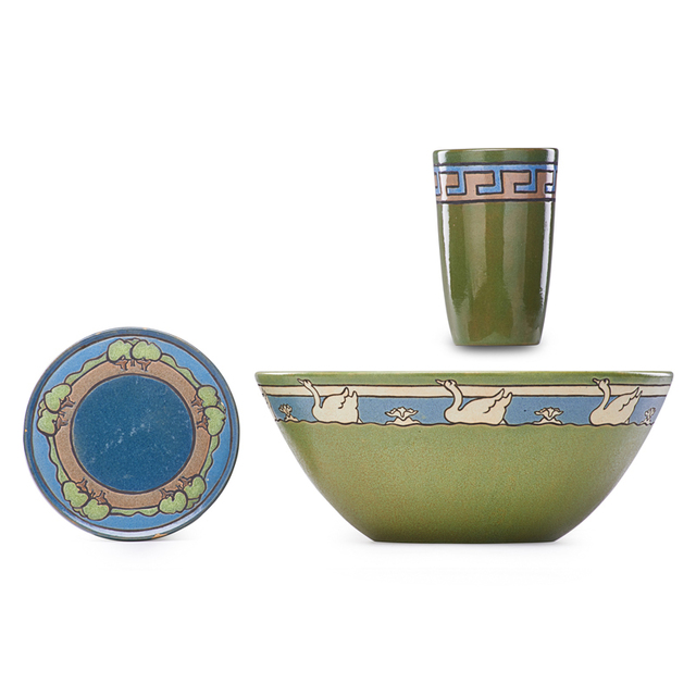 Saturday Evening Girls, ‘Large Bowl, Trivet and Cup Decorated in Cuerda Seca with Geese Geometric Band and Trees, Boston, MA’, 1910s, Rago/Wright