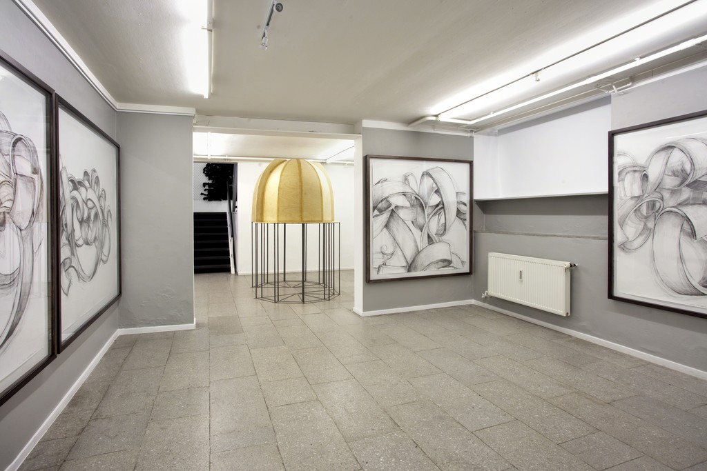 Eva Steen Christensen: Observatory. Installationview showing "Registration #7" (Charcoal drawing). Background: "Observatory". Eva Steen Christensen: Observatory. Installationview showing "Registration #7" (Charcoal drawing). Background: "Observatory".
