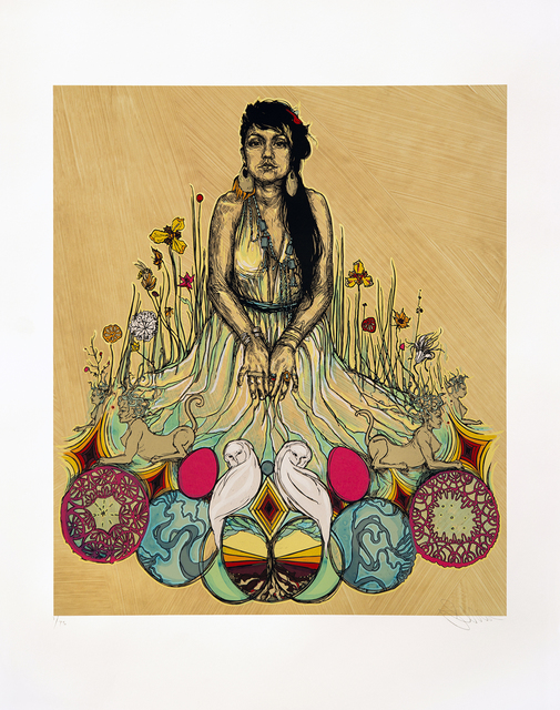Swoon, ‘Moni And The Sphynx’, 2017, Print, 15 Color Silkscreen with hand painted acrylic gouache and watercolor, Woodward Gallery