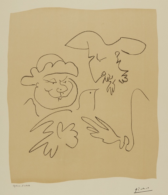 Pablo Picasso, ‘Affiche pour L'Exposition Hispano-Américaine and Don Quichotte et Sancho Pança, I & II: three prints (B. 1262, 688-89; M. 205, 207-8)’, 1951, Print, Three lithographs (two printed in black and ochre), Sotheby's