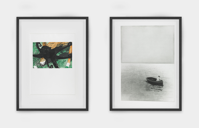 John Baldessari, ‘Deer and Octopus and Boat (With Figure Standing), from the portfolio Hegel's Cellar’, 1986, Mixed Media, Etching in photogravure, aquatint, spit-bite, soft-ground, drypoint and sanding printed in colors, Rago/Wright