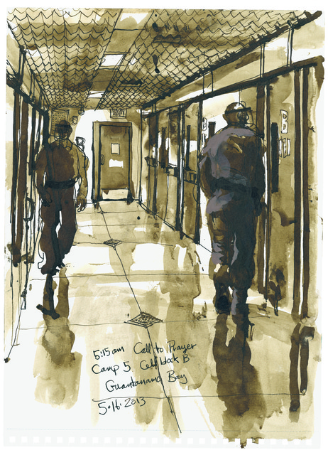 Steve Mumford, ‘5/16/13, 5:15am Call To Prayer, Camp 5, Cell Block B, Guantanamo Bay, Cuba’, 2013, Drawing, Collage or other Work on Paper, Ink and wash on paper, Postmasters Gallery