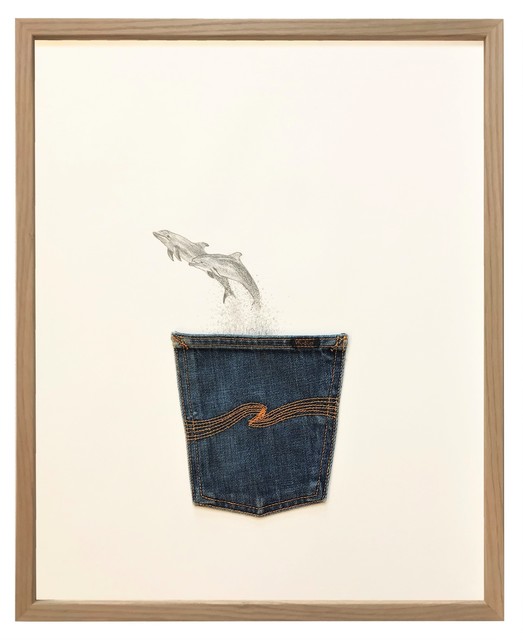 Peter Holst Henckel, ‘Pocketables (Dolphins)’, 2018, Mixed Media, Jeans pocket and pencil on paper, framed, SPECTA