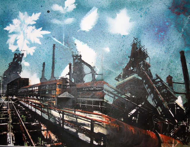 Gillian Pokalo, ‘Bethlehem Steel Train’, 2018, Drawing, Collage or other Work on Paper, Photo screen print and monoprint on paper, hand-colored, matted and framed., InLiquid