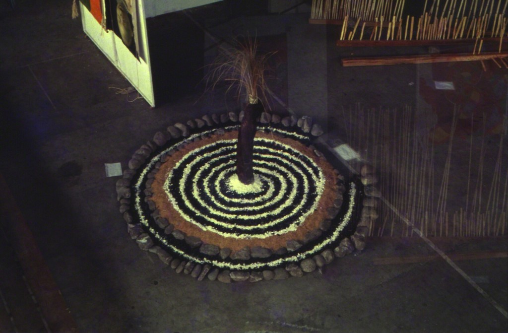 Image: Installation by Baguio-based artist Roberto Villanueva using coco lumber, stones, soil, lime, and wild grass at the Bacolod City Civic Center, VIVA EXCON 2, 1992.
Courtesy of Green Papaya Art Projects. Image: Installation by Baguio-based artist Roberto Villanueva using coco lumber, stones, soil, lime, and wild grass at the Bacolod City Civic Center, VIVA EXCON 2, 1992.
Courtesy of Green Papaya Art Projects.