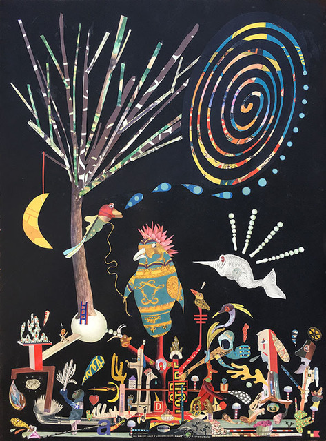Lou Beach, ‘Lucky Bird in a Magic Town (Tempest in a Tree Top)’, 2018, Drawing, Collage or other Work on Paper, Collage of printed ephemera, gold chain, Craig Krull Gallery