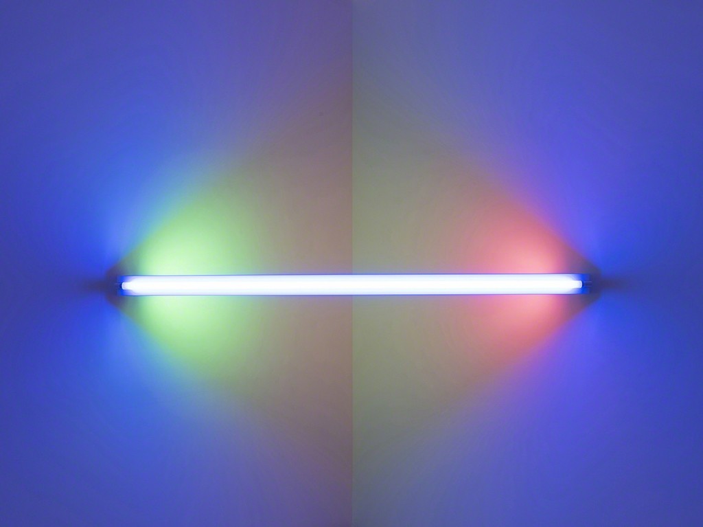 Dan Flavin, untitled (to Janie Lee) two, 1971. Blue, pink, yellow, and green fluorescent light. 8 ft. wide across a corner. Installation view: Dan Flavin: cornered fluorescent light, Mana Contemporary, Jersey City, 2018. Photo: John Berens. Courtesy of the Estate of Dan Flavin
Dan Flavin, untitled (to Janie Lee) two, 1971. Blue, pink, yellow, and green fluorescent light. 8 ft. wide across a corner. Installation view: Dan Flavin: cornered fluorescent light, Mana Contemporary, Jersey City, 2018. Photo: John Berens. Courtesy of the Estate of Dan Flavin