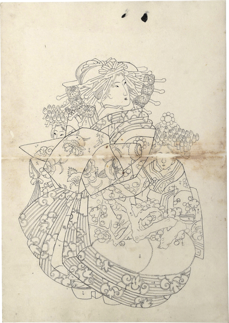 Teisai Sencho, ‘Preparatory Drawing of an Oiran Wearing an Uchikage Decorated with Blossoming Plum, with Two Kamuro’, ca. 1830, Drawing, Collage or other Work on Paper, Sumi ink on paper, Scholten Japanese Art