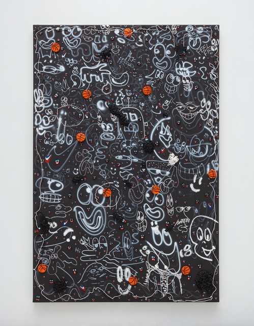 Devin Troy Strother, ‘Black ghosts & basketballs’, 2019, Painting, Acrylic, caulking, oil pastel, cut water color paper, oil paint, and pencil on panel, Over the Influence