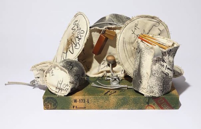 Claes Oldenburg, ‘Miniature Soft Drum Set’, 1969, Sculpture, Complete set of 9 sewn screen printed elements on canvas, some with washline, wood, plastic buttons, rope, metal eye screws and spray enamel with wood base covered with screen printed paper in colors., Gregg Shienbaum Fine Art