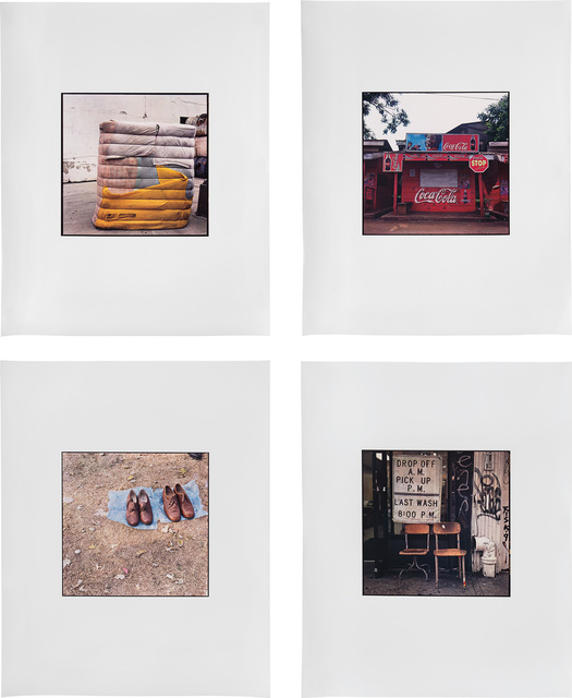 Zoe Leonard, ‘Four works: (i) Yellow, Pink, Blue Bundle; (ii) Coca Cola shack; (iii) Two Pairs; (iv) Drop Off A.M. Pick Up P.M.’, Photography, 4 dye transfer prints, Phillips