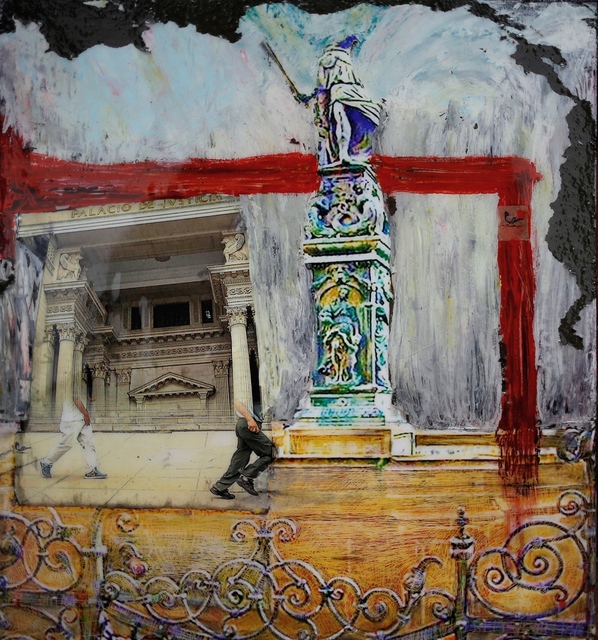 Ana Lucia Romero Rivero, ‘Justice Ergo Sum’, 2015, Mixed Media, Acrylic, photograph collage, and epoxy resin on pressed cardboard, Academy Art Museum