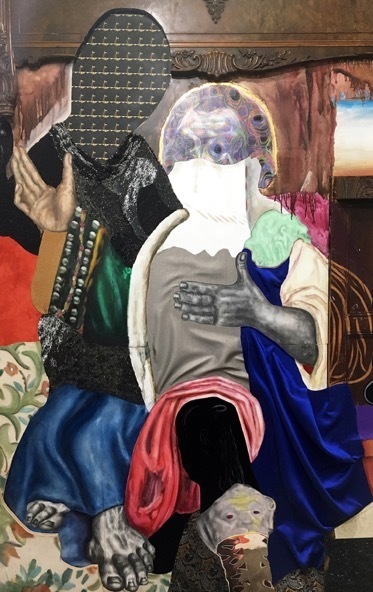 David Shrobe, ‘Baptized by the Sound of Horns ’, 2019, Mixed Media, Oil, acrylic, ink, graphite, wood, metal, tiles, fabric, canvas, vinyl, flocking and rubber, Jenkins Johnson Gallery