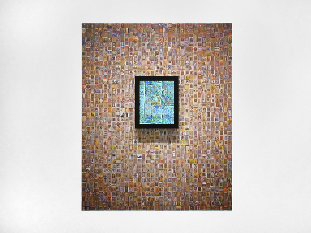 Jason Salavon, ‘Narrative Walk (Illuminated Manuscripts)’, 2019, Installation, Wallpaper, real-time video, custom software, framed monitor, Inman Gallery