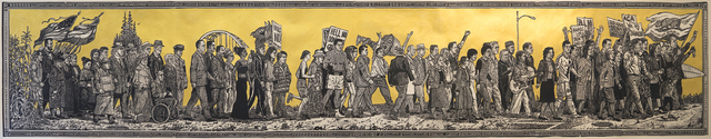 Sandow Birk, ‘American Procession: Progressives (left panel), Central Monument (middle panel), Conservatives (right panel) ’, 2017, Koplin Del Rio