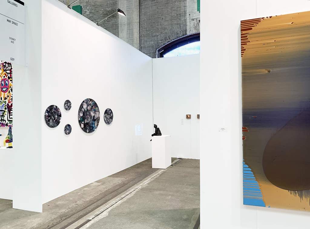 MAY SPACE at Booth G09, Installation 2 - 12th September, 2019 featuring:
Janet Tavener, 'Seedless Collection #3', 2019, ChromaLuxe.
Todd Fuller, 'Harry 2', 2019, terracotta, silver paint, ink, data projector on timber plinth, animation ‘To see the ocean for the first time’ AP, 4:47.
Waratah Lahy, collection of oil on glass, recycled Tasmanian oak light boxes.
Charlie Sheard, 'Aitia', 2013-19, acrylic mediums on polyester. MAY SPACE at Booth G09, Installation 2 - 12th September, 2019 featuring:
Janet Tavener, 'Seedless Collection #3', 2019, ChromaLuxe.
Todd Fuller, 'Harry 2', 2019, terracotta, silver paint, ink, data projector on timber plinth, animation ‘To see the ocean for the first time’ AP, 4:47.
Waratah Lahy, collection of oil on glass, recycled Tasmanian oak light boxes.
Charlie Sheard, 'Aitia', 2013-19, acrylic mediums on polyester.