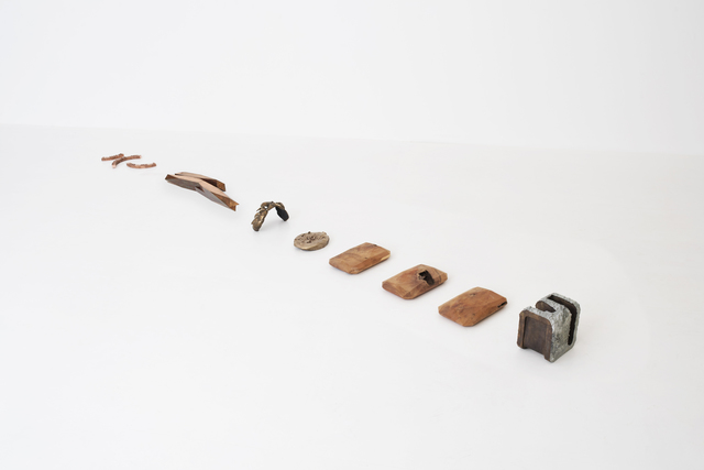 Lucy Skaer, ‘A Day with Breeze and Fog, Hare Springs from the Yew Woods Over Marsh's Pool, Knocks the Bough, Caterpillars Fall Twisting to the Ground’, 2018, Installation, Bronze, yew, copper, oil paint, GRIMM