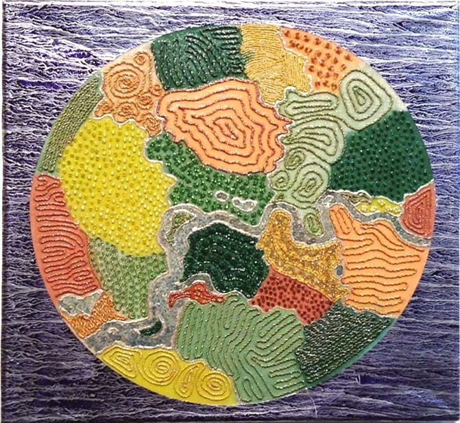 Leila Daw"Earth,"2014 handmade traditional Burmese shwe chi doe tapestry techniques and mixed media on canvas, with gold leaf, acrylic glaze 13" x 14" Leila Daw"Earth,"2014 handmade traditional Burmese shwe chi doe tapestry techniques and mixed media on canvas, with gold leaf, acrylic glaze 13" x 14"