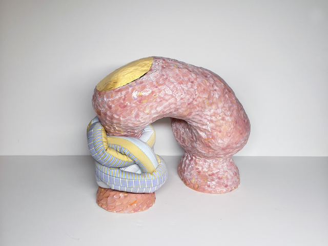 Ak Jansen, ‘Medium Abstract Ceramic Sculpture with Textile: 'Mariette'’, 2020, Sculpture, Clay, Glaze, Underglaze, 18K Gold, Fiber, Ivy Brown Gallery