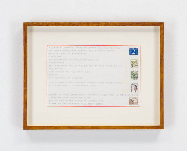 Hamish Fulton, ‘A 2838 Kilometre Coast To Coast Walking Journey, Europe, 2002’, 2002, Drawing, Collage or other Work on Paper, Pencil text and stamps on paper, Parafin