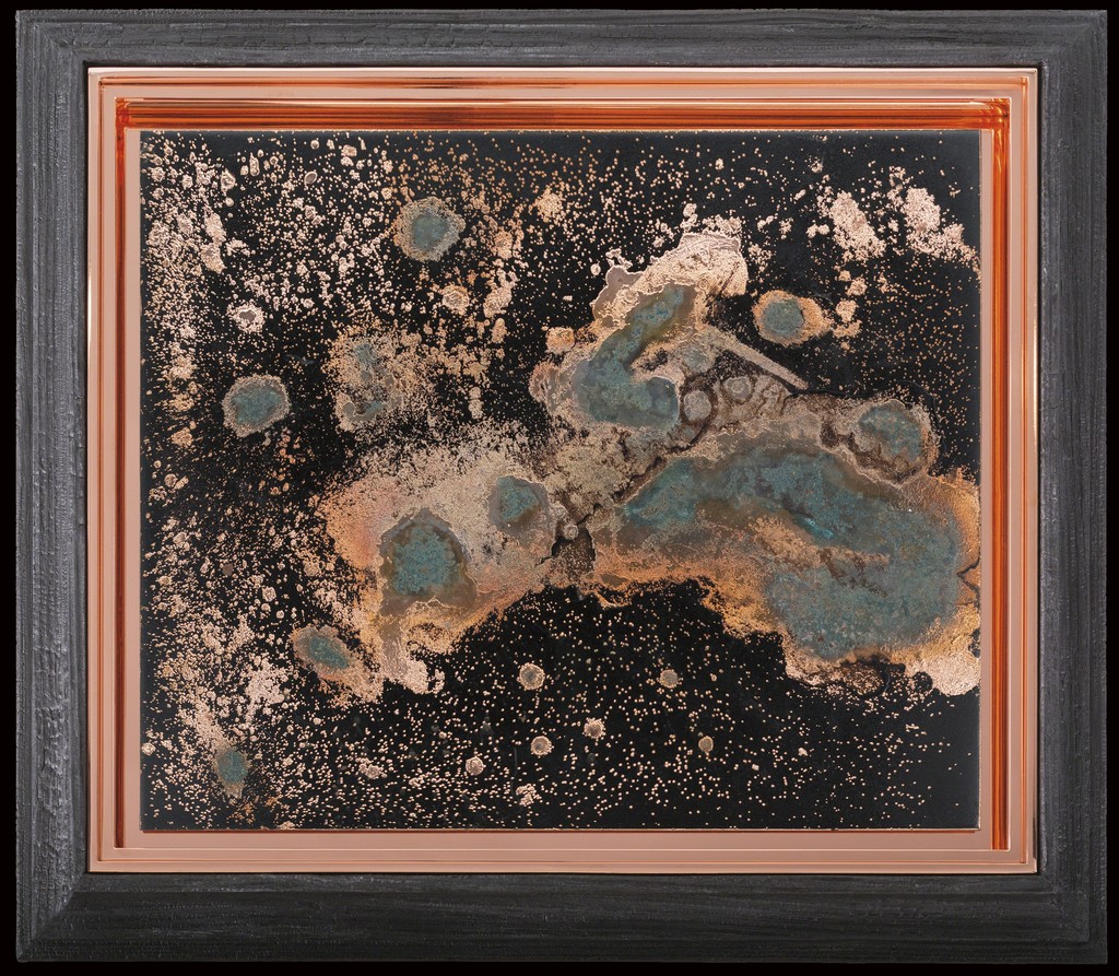 Matthew Barney, Redoubt: Base Plate Conductor, 2018. One electroplated copper plate with vinegar patina and seven engravings, on asphaltum ground in copper and charred pine frames. © Matthew Barney, courtesy Gladstone Gallery, New York and Brussels Matthew Barney, Redoubt: Base Plate Conductor, 2018. One electroplated copper plate with vinegar patina and seven engravings, on asphaltum ground in copper and charred pine frames. © Matthew Barney, courtesy Gladstone Gallery, New York and Brussels