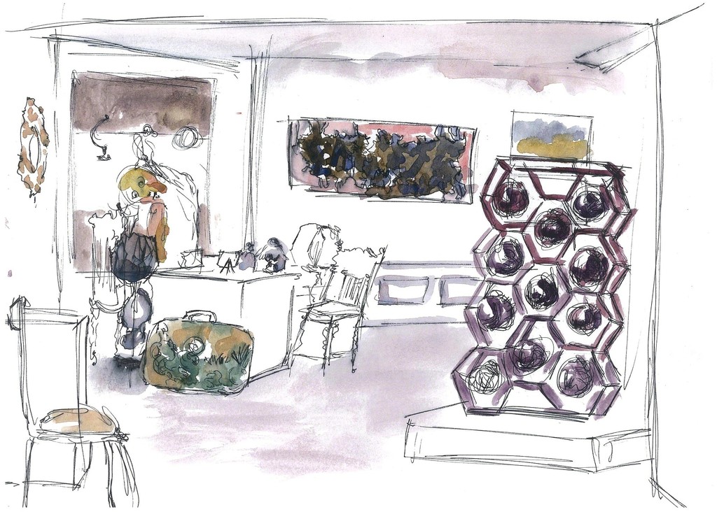 Watercolor and graphite rendering of Galerie Stephanie's Art Fair Philippines booth, "Curiosities" by Syrian artist Noor Bahjat. Watercolor and graphite rendering of Galerie Stephanie's Art Fair Philippines booth, "Curiosities" by Syrian artist Noor Bahjat.
