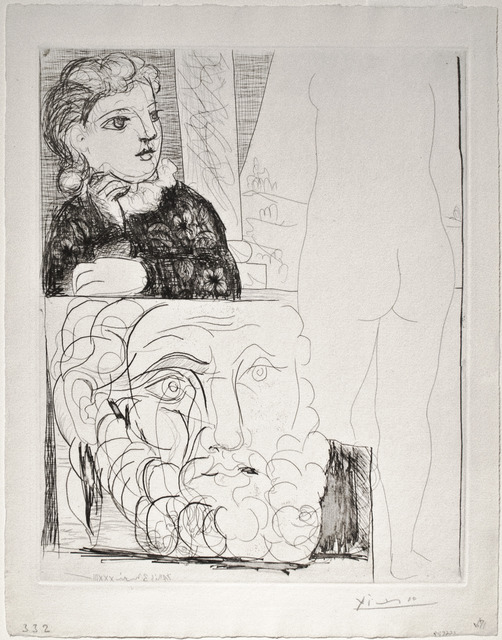 Pablo Picasso, ‘Femme accoudée Sculpture de Dos et Tête barbue (Woman sitting, Back of Sculpture and Bearded Man)’, 1933, Print, Etching, R. S. Johnson Fine Art