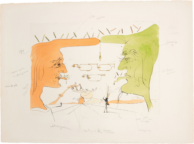 Salvador Dalí, ‘Le Télégraphe (The Telegraph), for Hommage à Leonardo da Vinci (American Inventions)’, 1975, Print, Drypoint with extensive hand-colouring in watercolour, on Arches paper, with full margins, Phillips