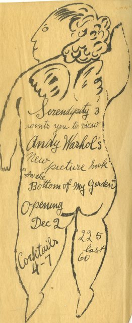 Andy Warhol, ‘Extremely rare, early hand made invitation to book launch of "In the Bottom of My Garden" Serendipity 3’, ca. 1954, Alpha 137 Gallery