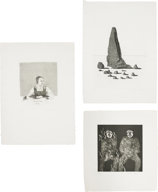 David Hockney, ‘Catharina Dorothea Viehman; The Sexton Disguised as a Ghost Stood Still as Stone; and Corpses on Fire, plates 1, 21 and 22 from Illustrations for Six Fairy Tales from the Brothers Grimm’, 1969, Phillips