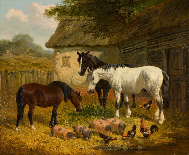 John Frederick Herring Jr., ‘Farm Yard with Horses, Piglets and Fowl’, 19th Century, Vose Galleries