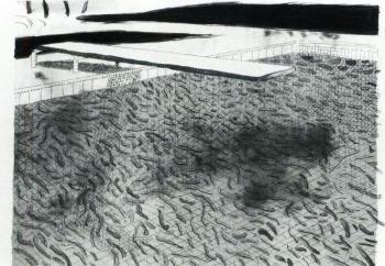 David Hockney - Lithograph of water made of lines with two light blue washes